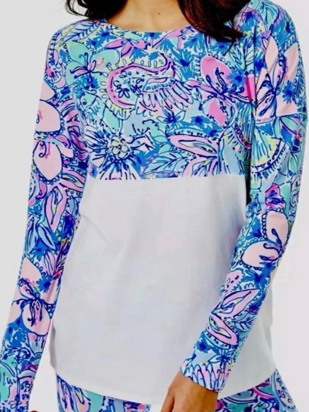 Lilly Pulitzer Floral Long Sleeve Colorblock Top Pink Blue Medium